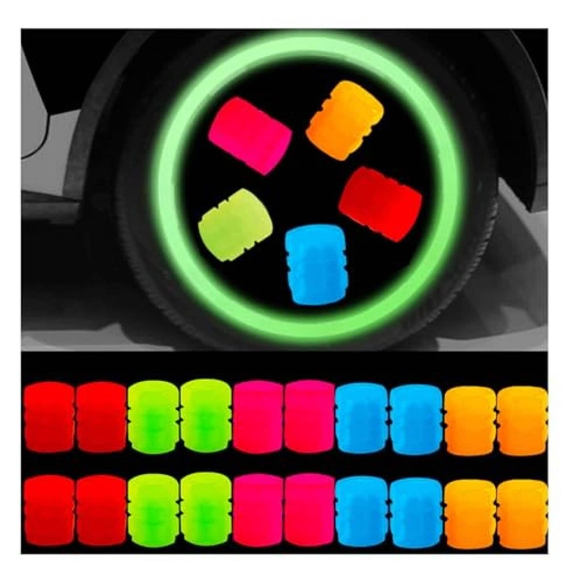 Multicolor glowing tire valve caps with neon green ring light effect
