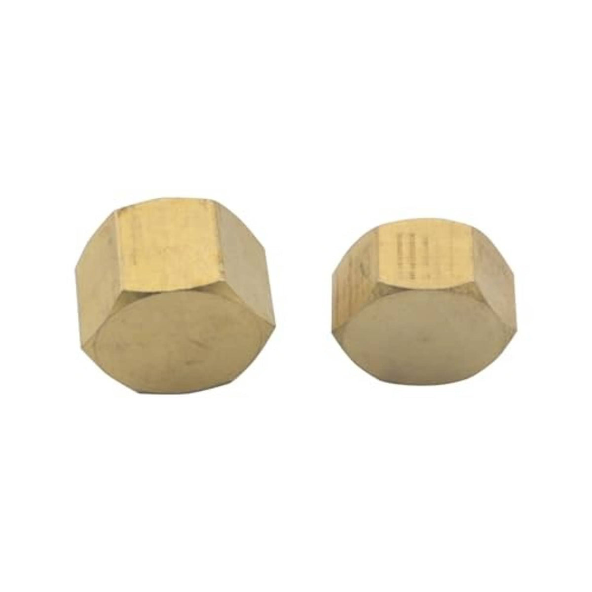 Brass hex pipe plug caps, end views with internal threaded opening, 3/8 in NPT