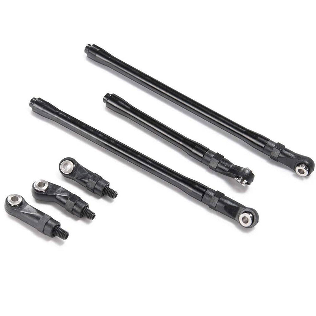 Black rod linkage bars laid out, including shorter pieces with silver eyelets