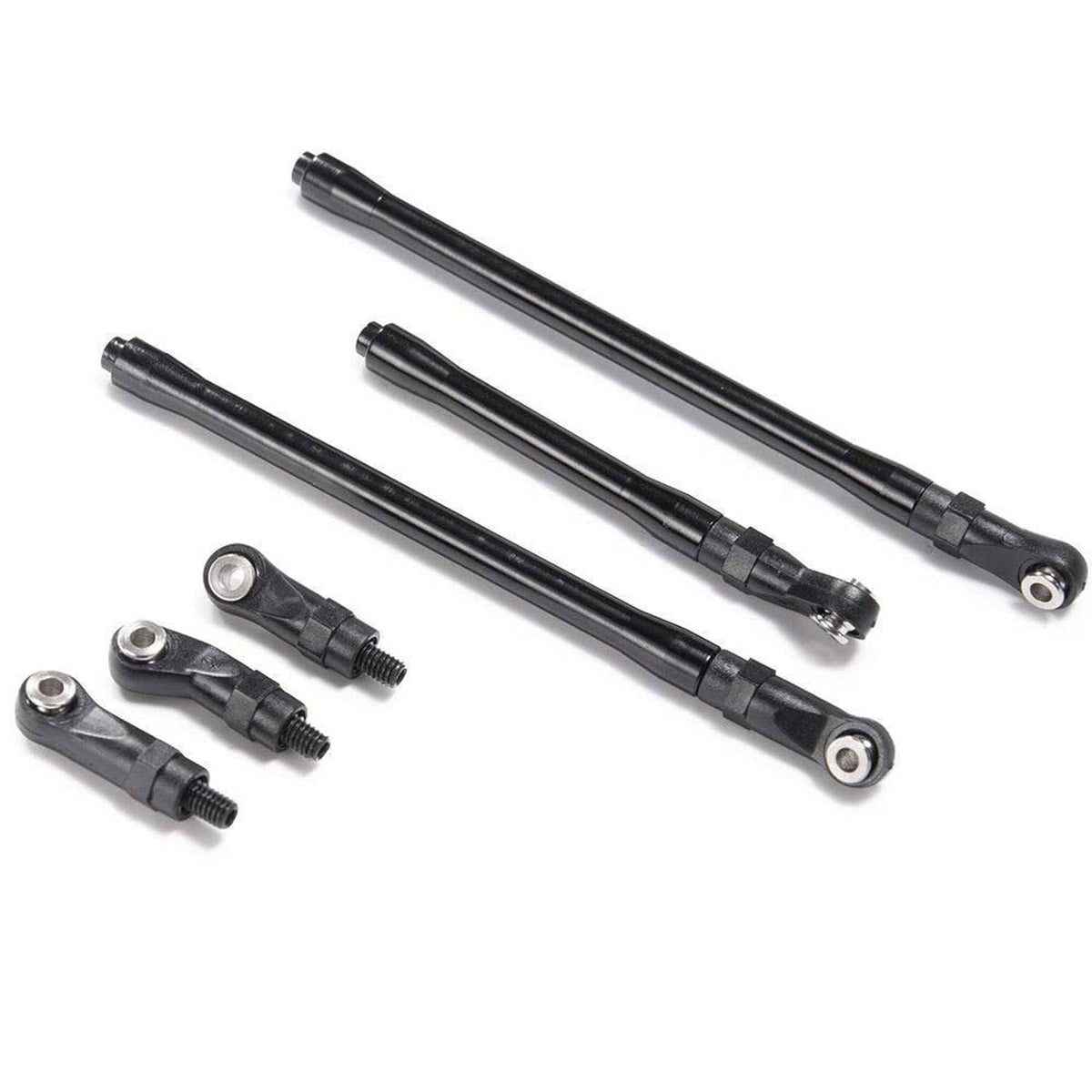 Black rod linkage bars laid out, including shorter pieces with silver eyelets