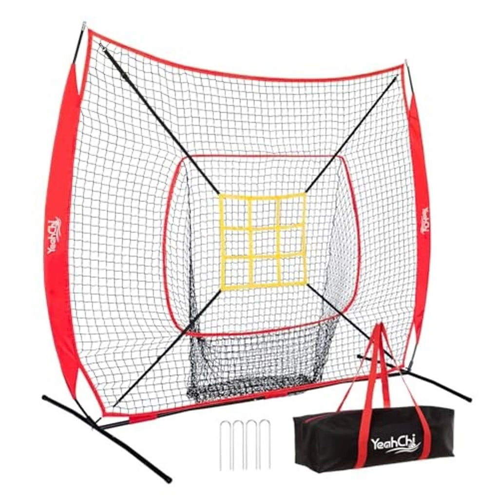 Baseball pitching net with red frame and white mesh, featuring a yellow strike zone target