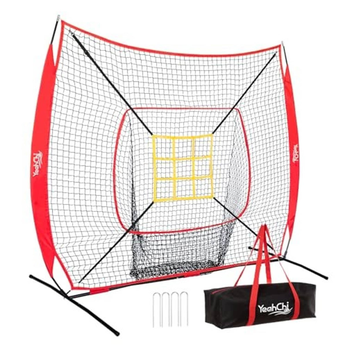 Baseball pitching net with red frame and white mesh, featuring a yellow strike zone target