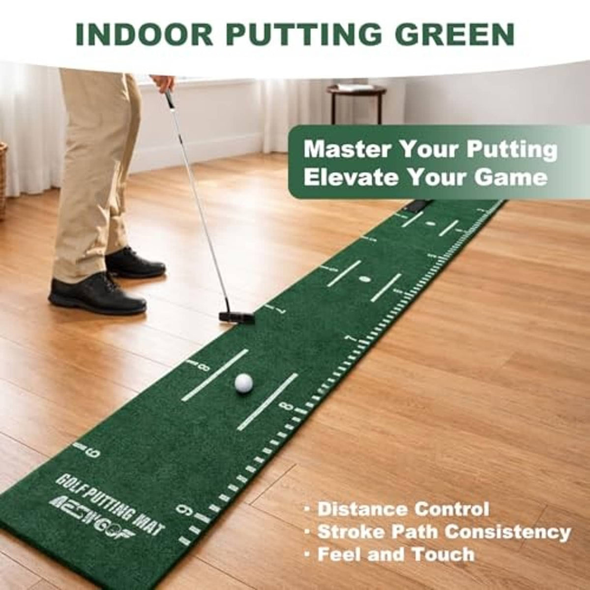 Green indoor golf putting mat on floor with putter and golf ball