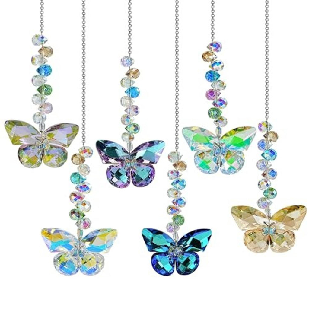 Crystal butterfly suncatcher set on plain background, featuring multicolor butterfly charms
