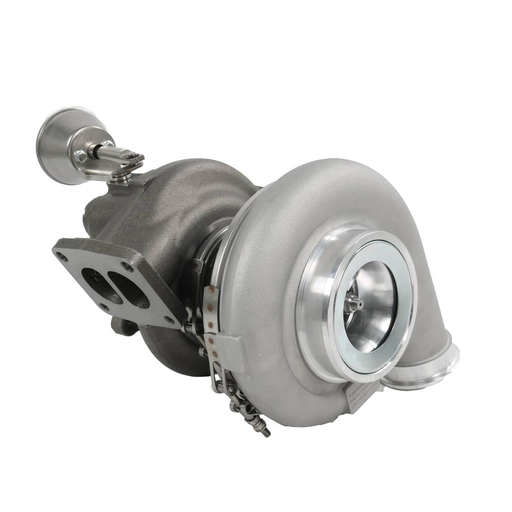 Turbocharger assembly with inlet and outlet housings, side view