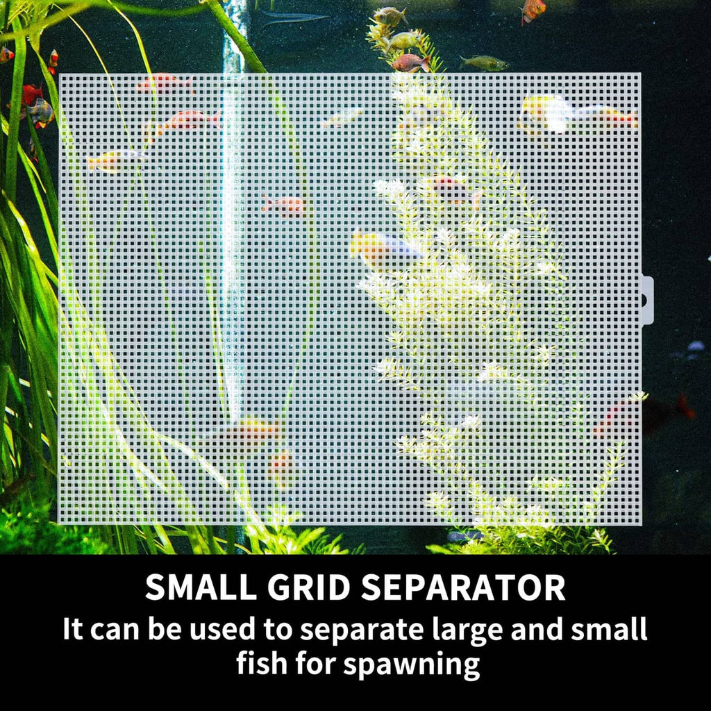 White aquarium divider mesh panel with multiple suction cups attached to glass