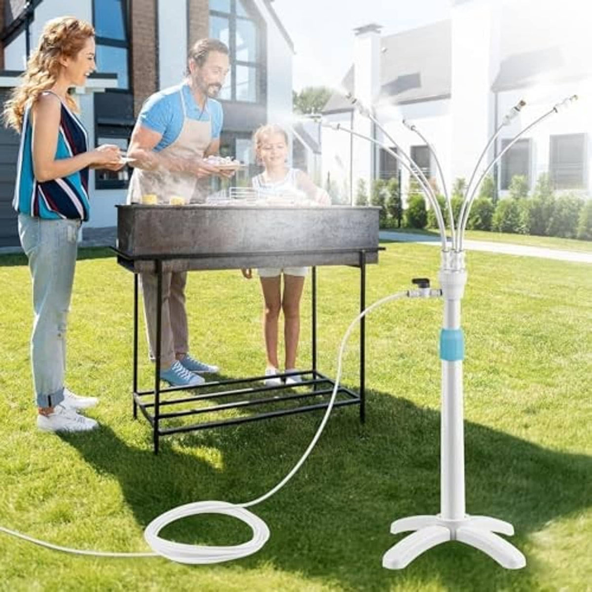 Adjustable standing patio mister with white pole, blue connector band, and tripod base