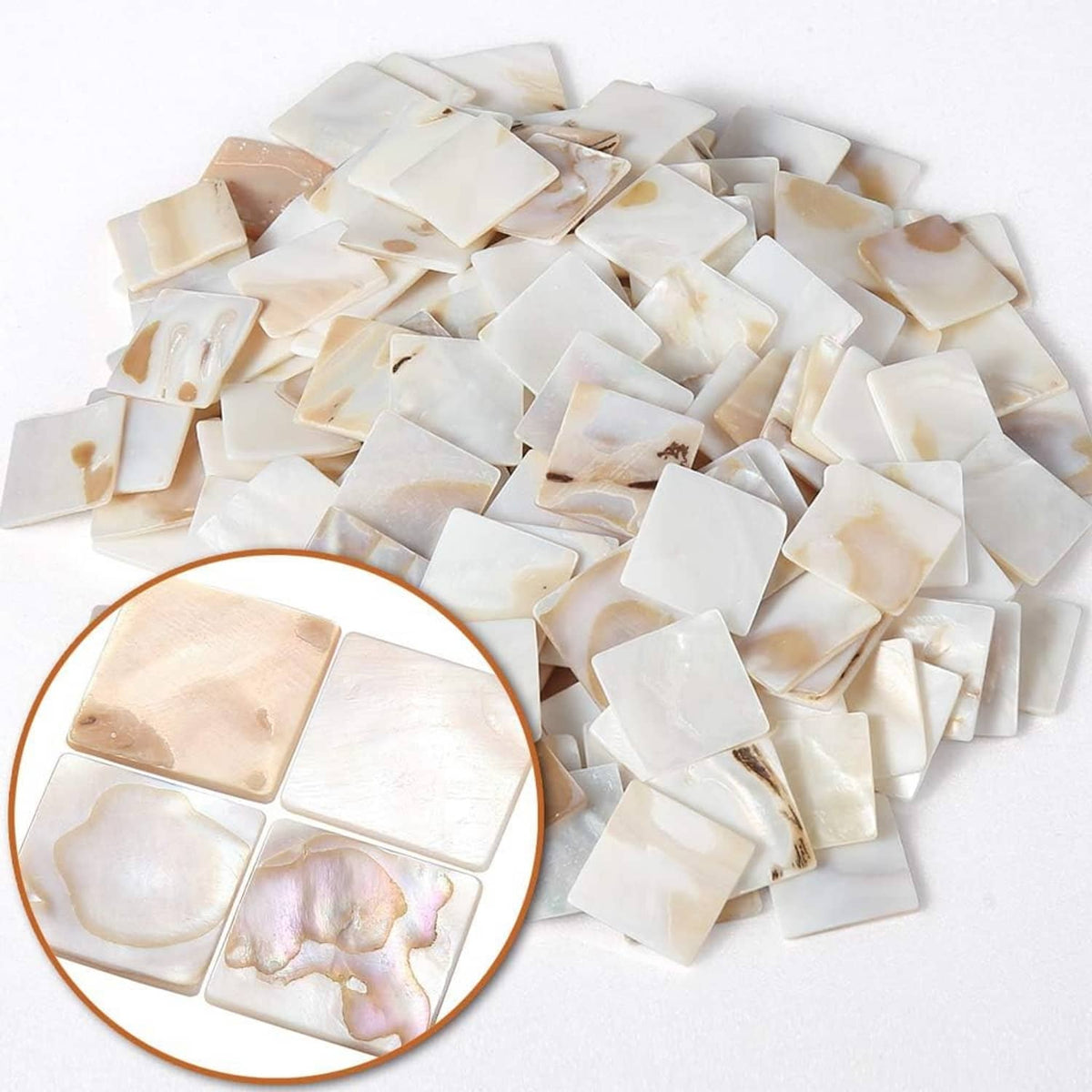 Beige and cream mother-of-pearl mosaic tile pieces, iridescent shell finish