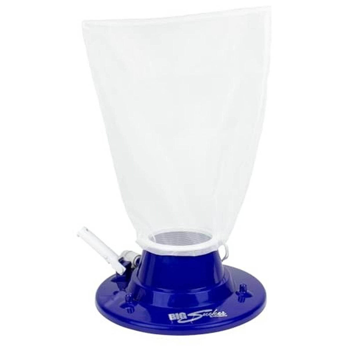 Blue pool leaf vacuum head with white collection bag and white hose inlet