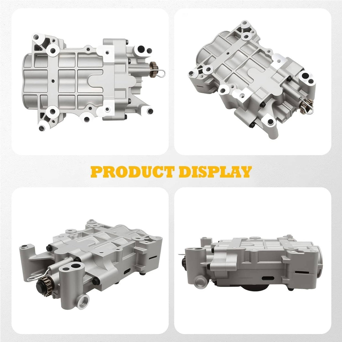 Oil pump housing shown from multiple angles with side ports and bolt points