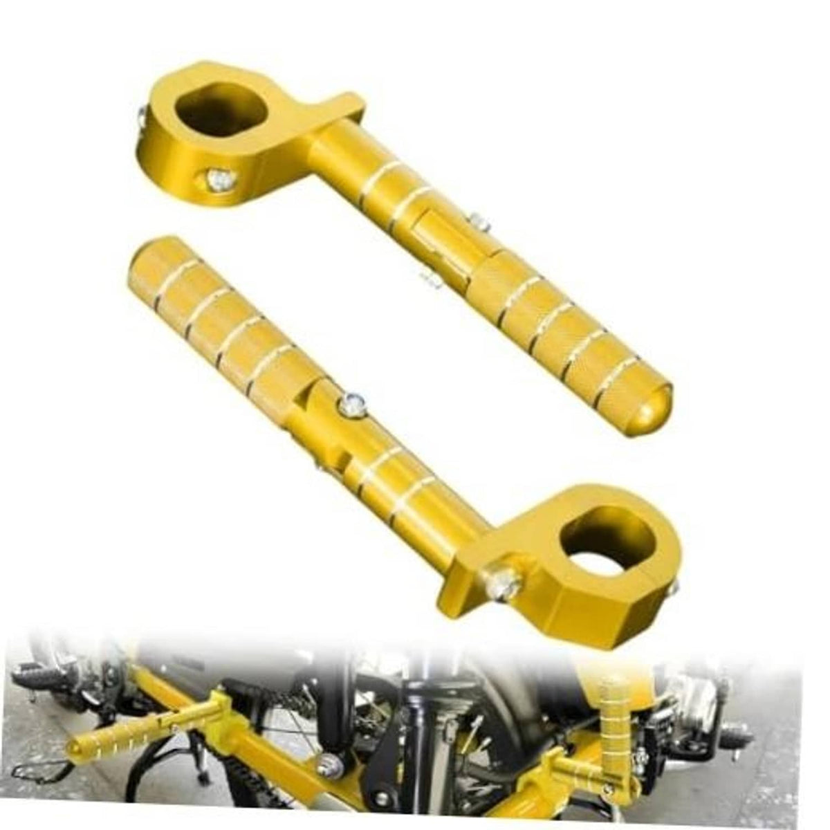 Gold rear passenger folding footrest pegs with round mounting holes