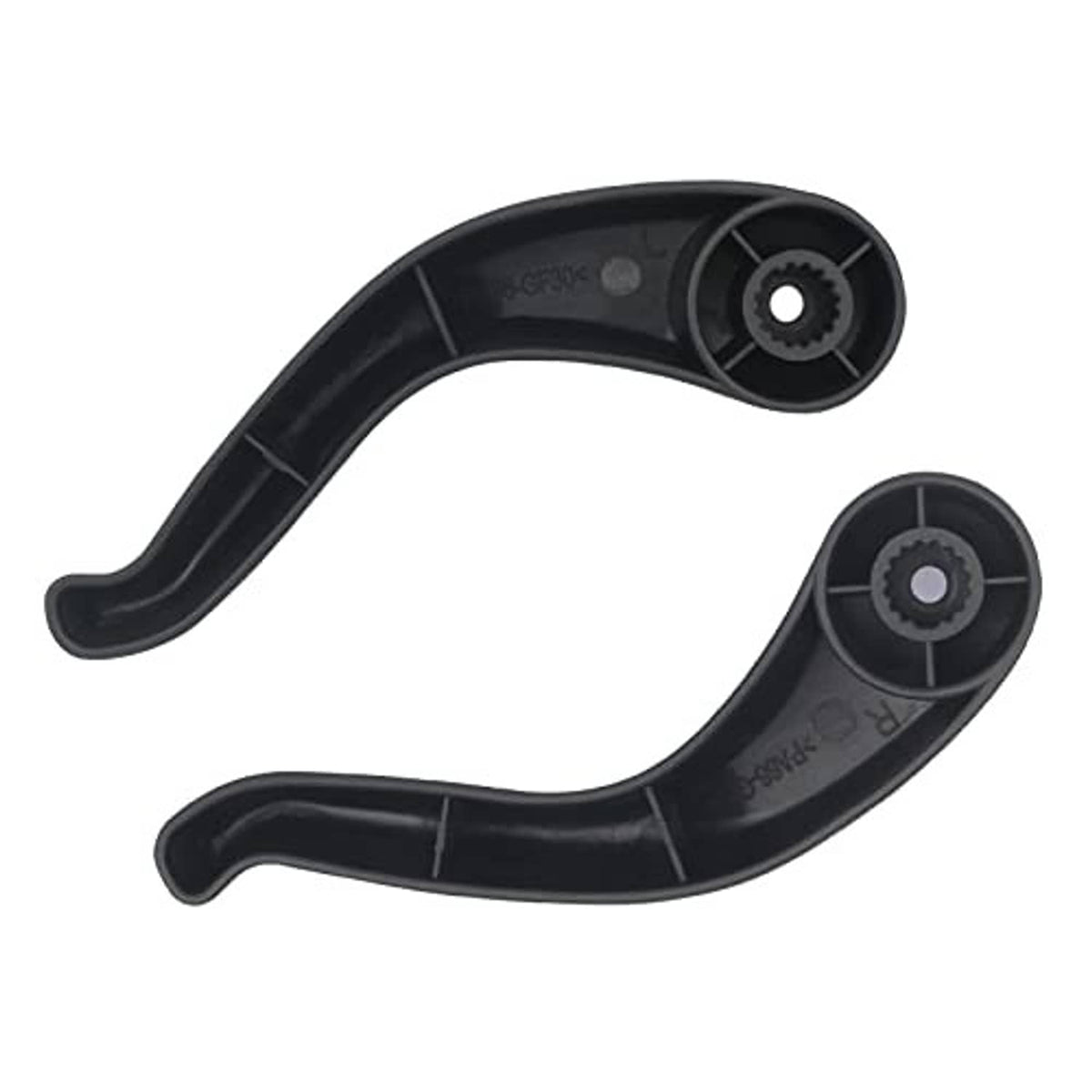 Black seat recliner handle lever pair with visible gear-like pivot components