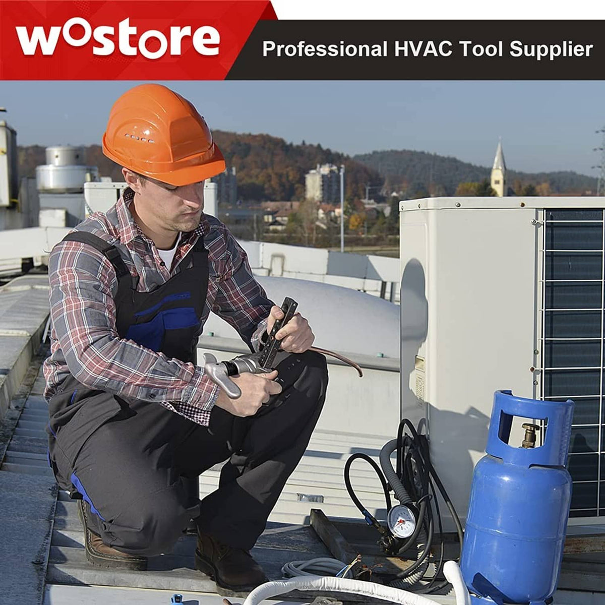 Technician using a tube flaring tool on HVAC piping with a brazed connection