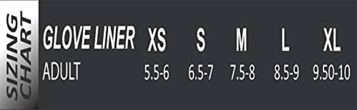 Glove liner size chart for adults: sizes XS–XL, Medium is 7.5–8