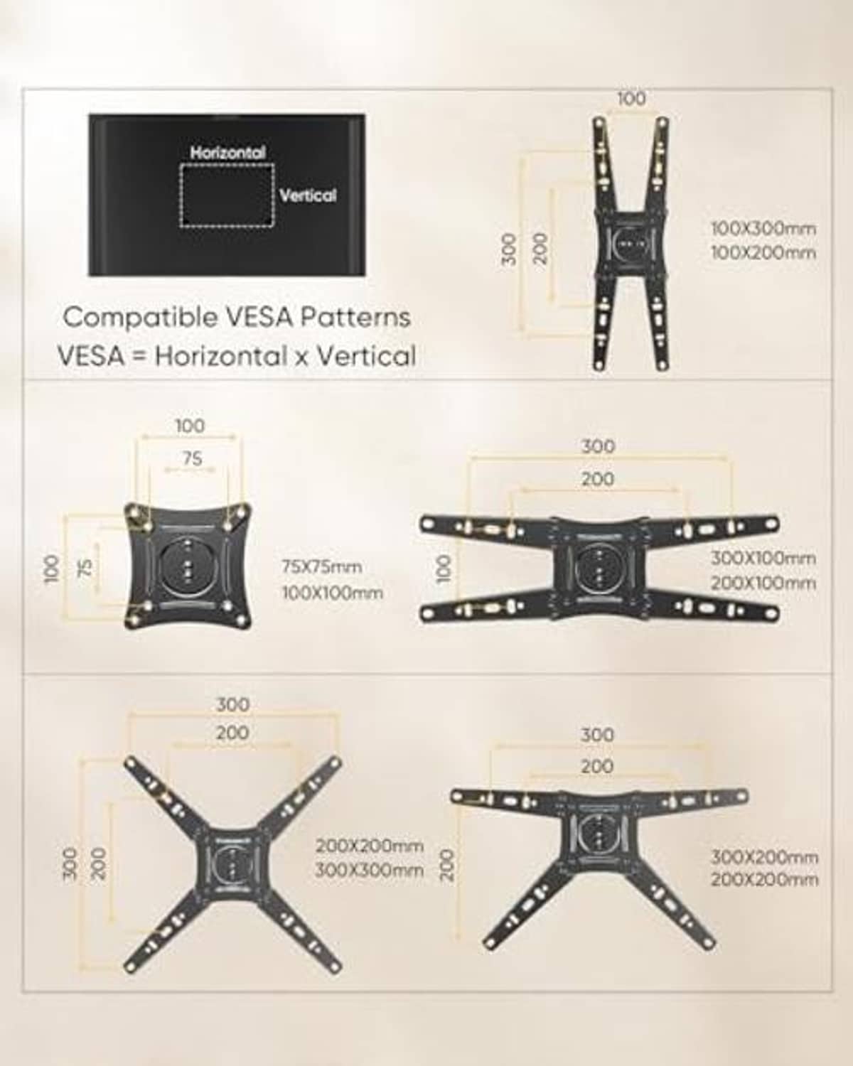 Black VESA wall mount plate with multiple hole patterns for TV mounting positions