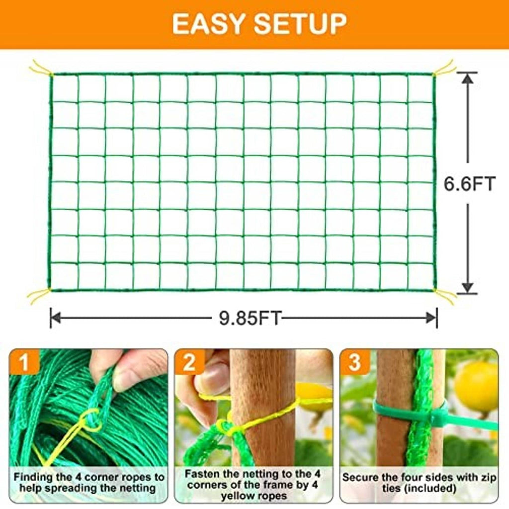 Green garden trellis netting panel, 6.6 ft high by 9.85 ft wide