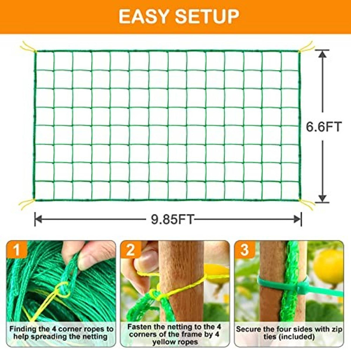 Green garden trellis netting panel, 6.6 ft high by 9.85 ft wide