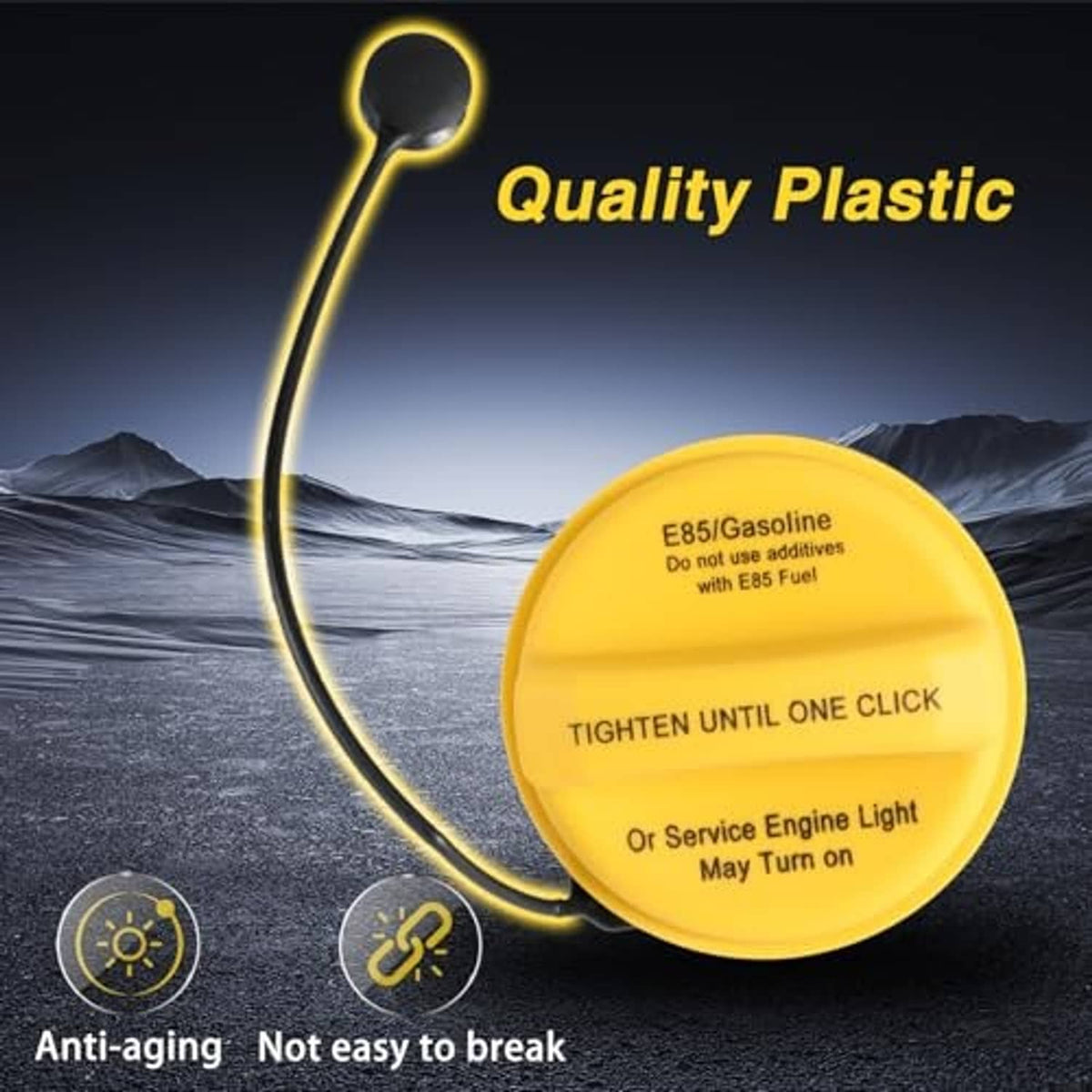 Yellow fuel tank filler cap with black tether cord, round design