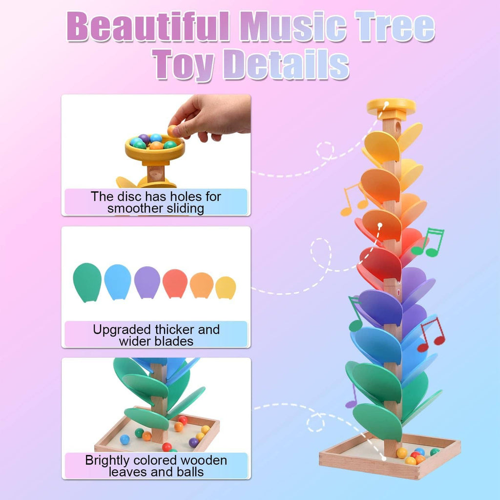 Rainbow music tree toy feature graphic with colorful wooden leaf blades and marbles