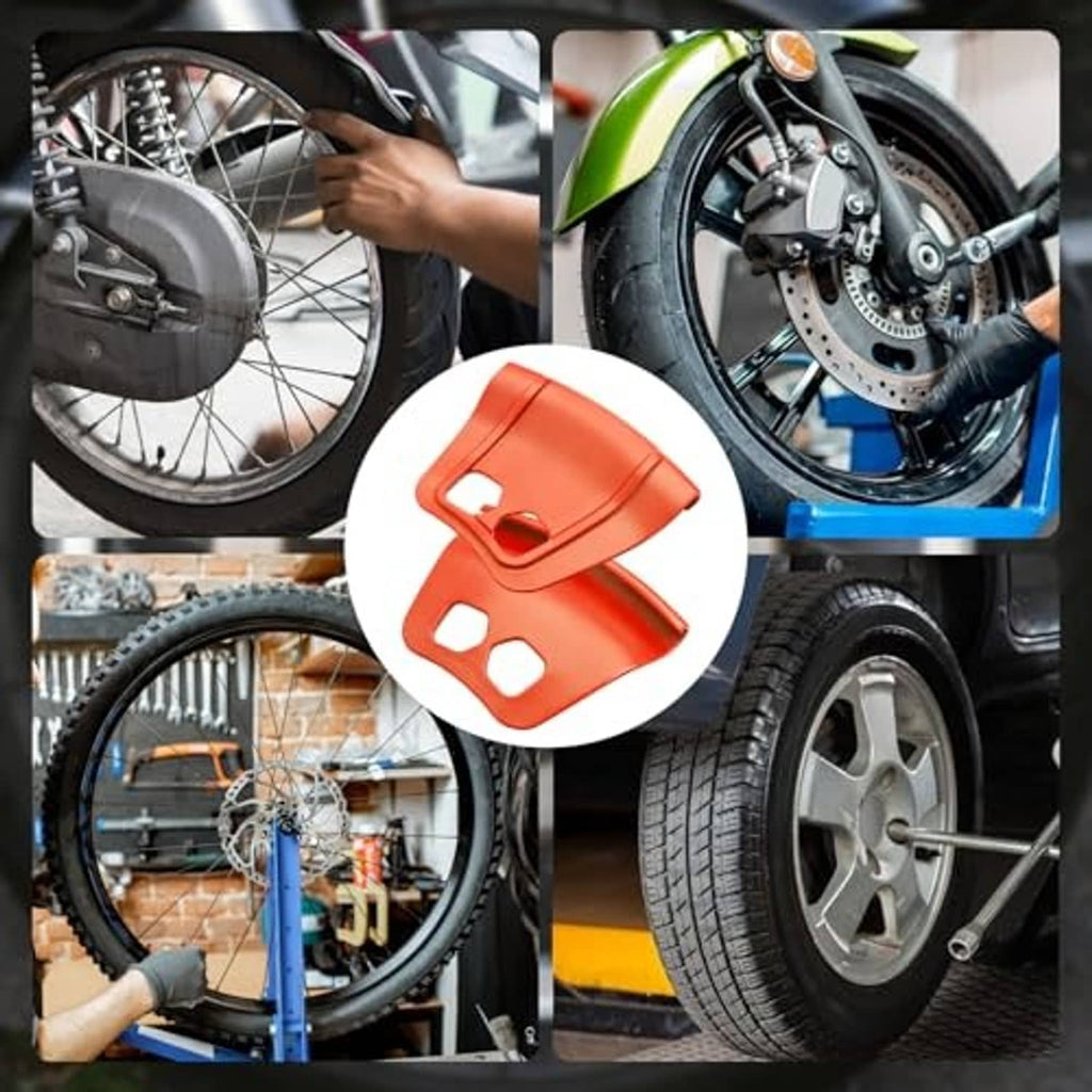 Orange rim protector shields on motorcycle and bike wheels, showing fit area