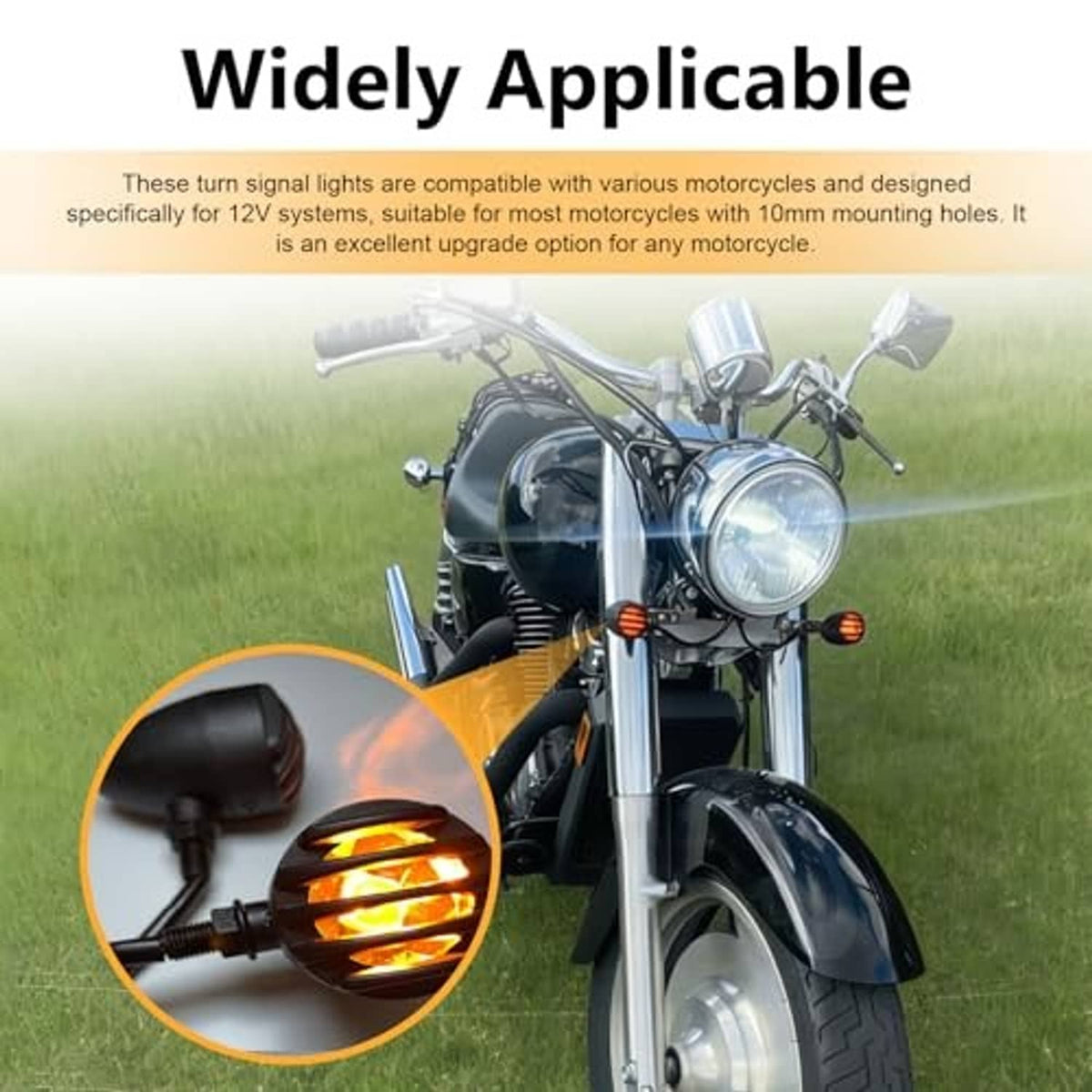 Motorcycle with black LED turn signal mounted near headlight; amber lens visible