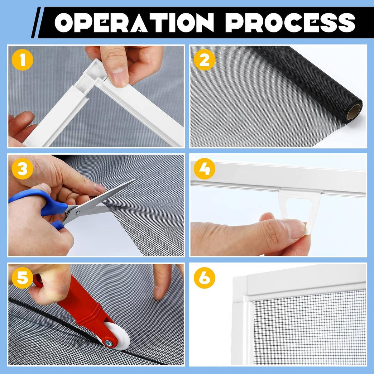 Window screen mesh installation steps with gray screen sheet and cutting tool