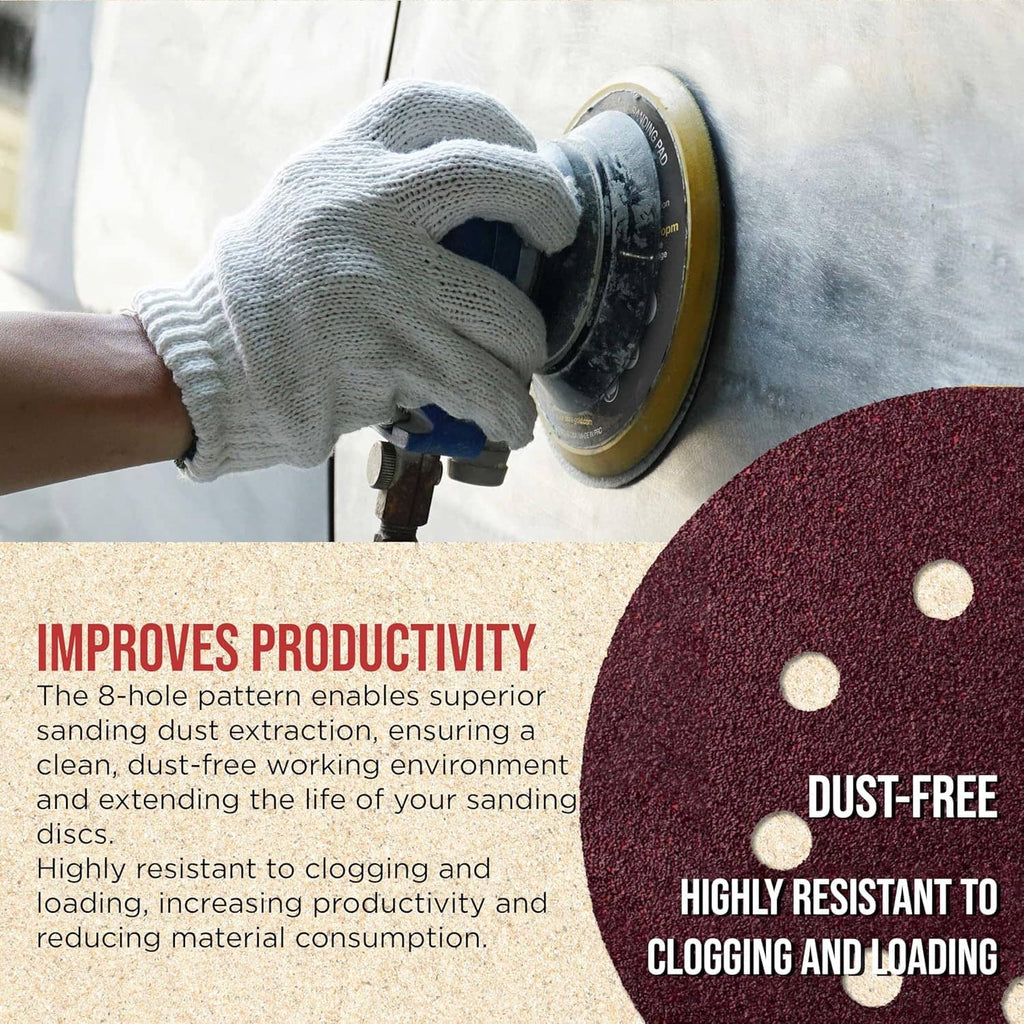 Red 8-hole sanding disc on a power sander with multiple pad holes visible
