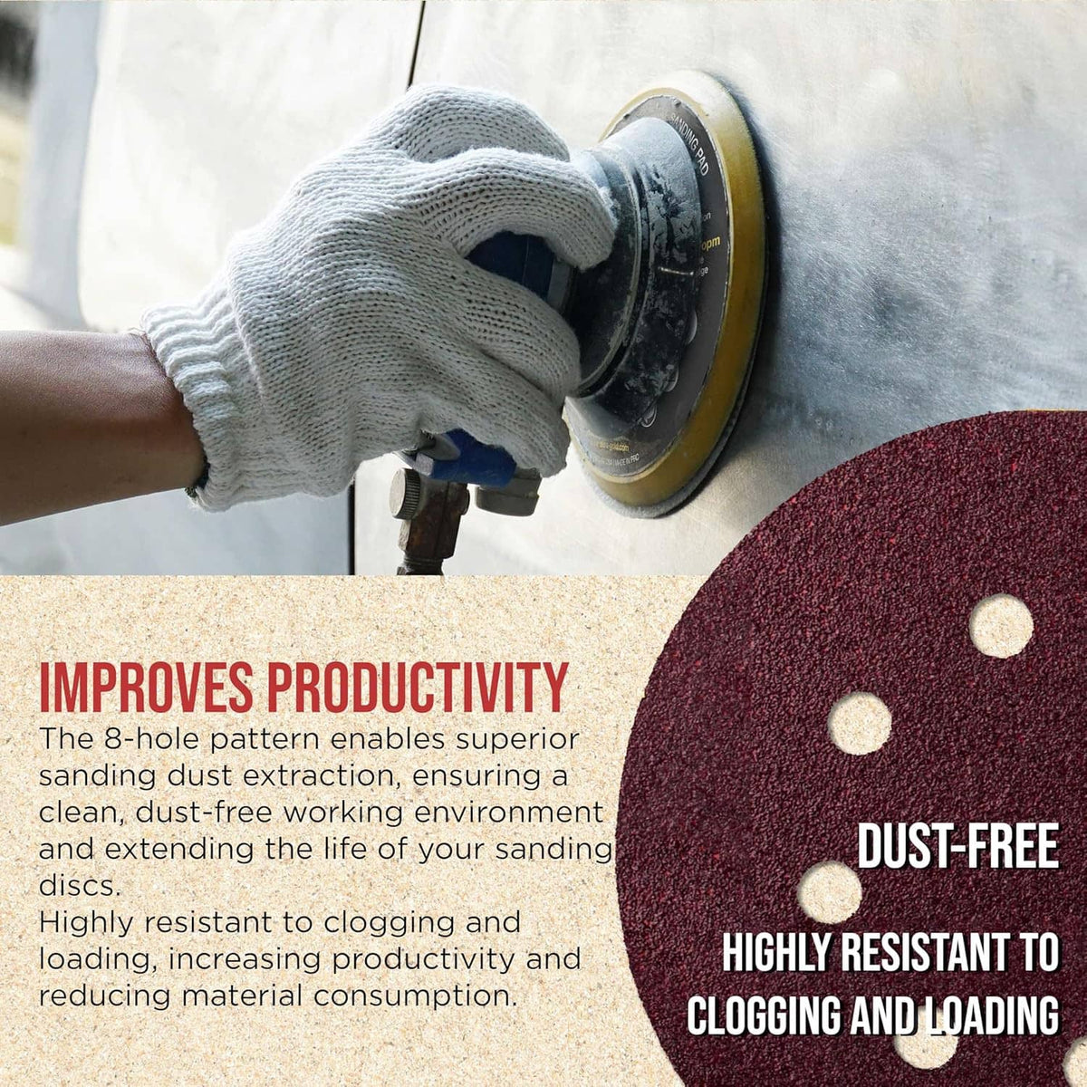 Red 8-hole sanding disc on a power sander with multiple pad holes visible