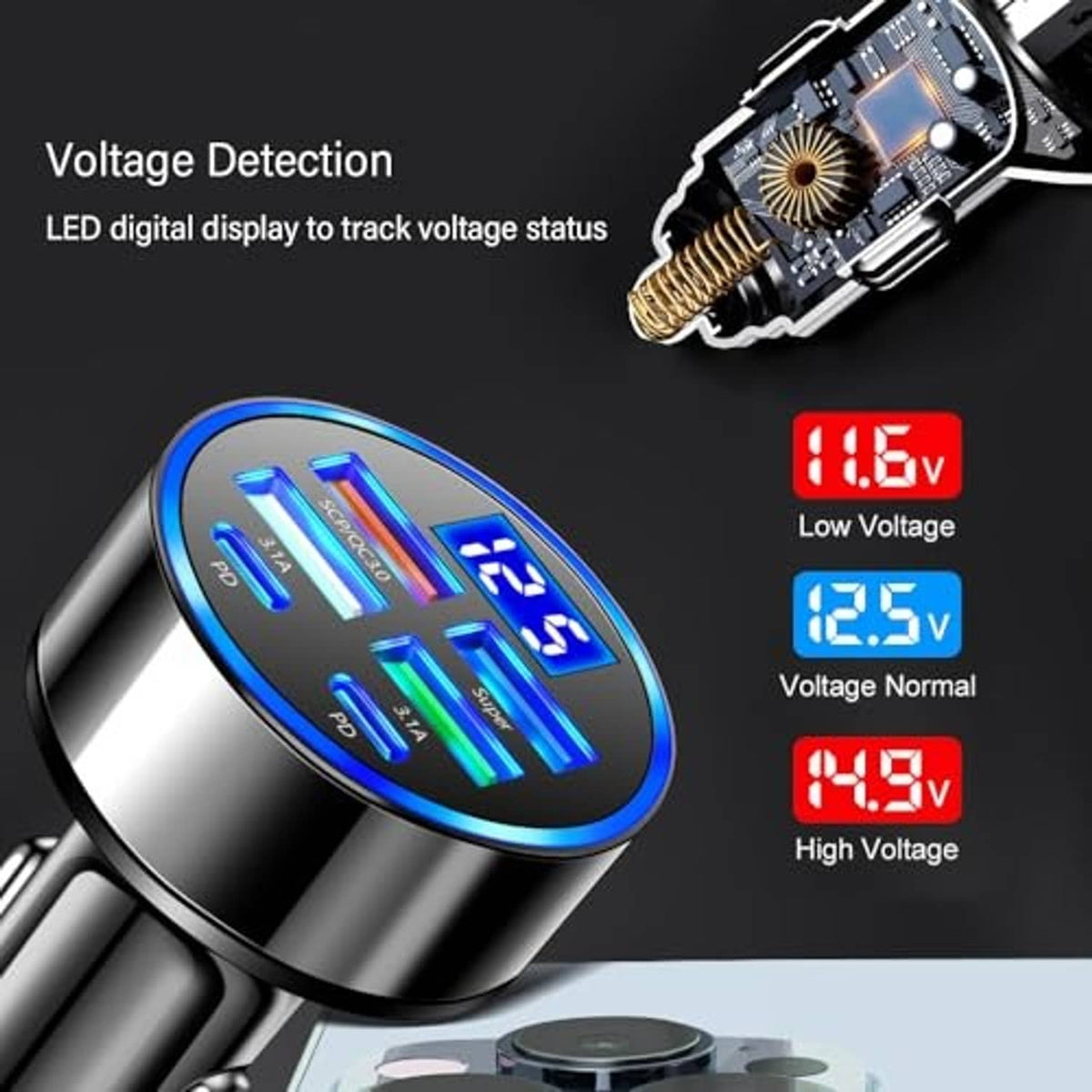 Car charger with blue LED panel and red/blue voltage status display, black and silver