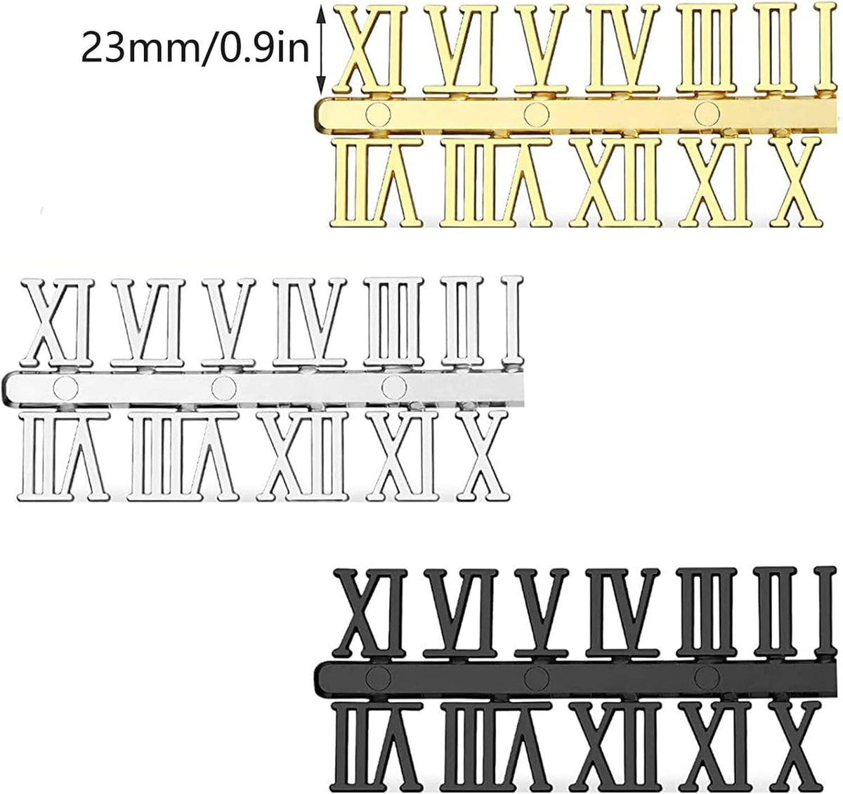 23mm clock numeral set with Roman numeral markers in gold, silver, and black