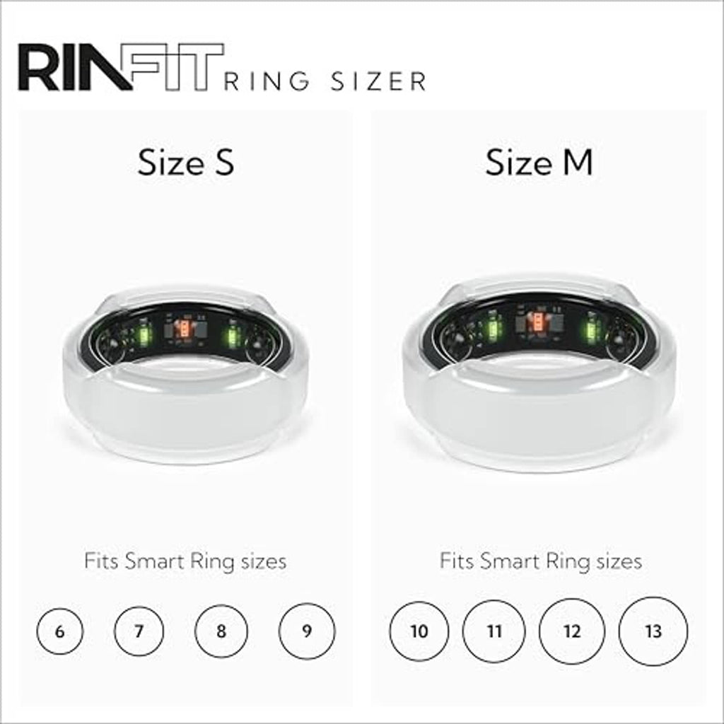 Sizing guide showing frosted white smart ring protector for Size S and Size M