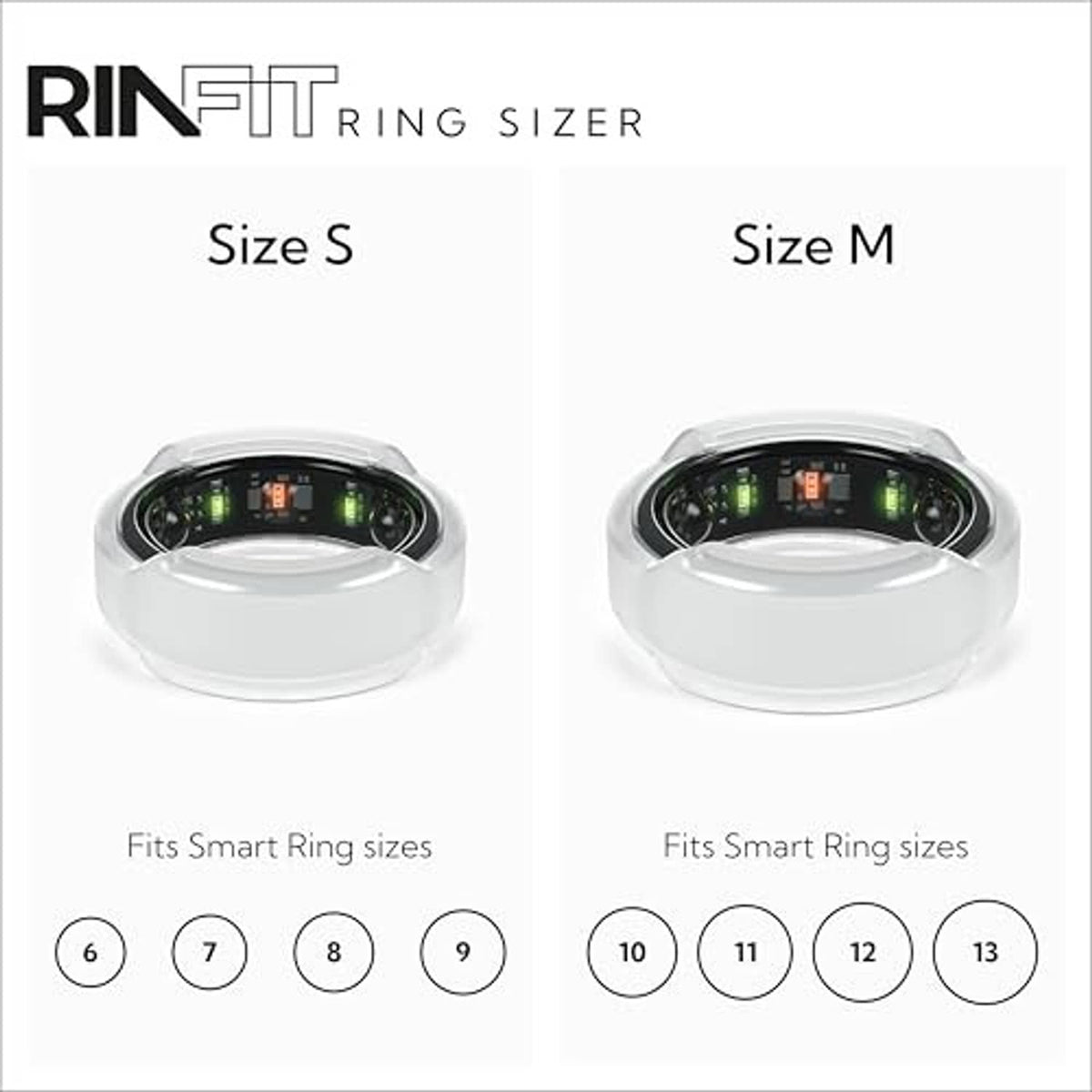 Sizing guide showing frosted white smart ring protector for Size S and Size M
