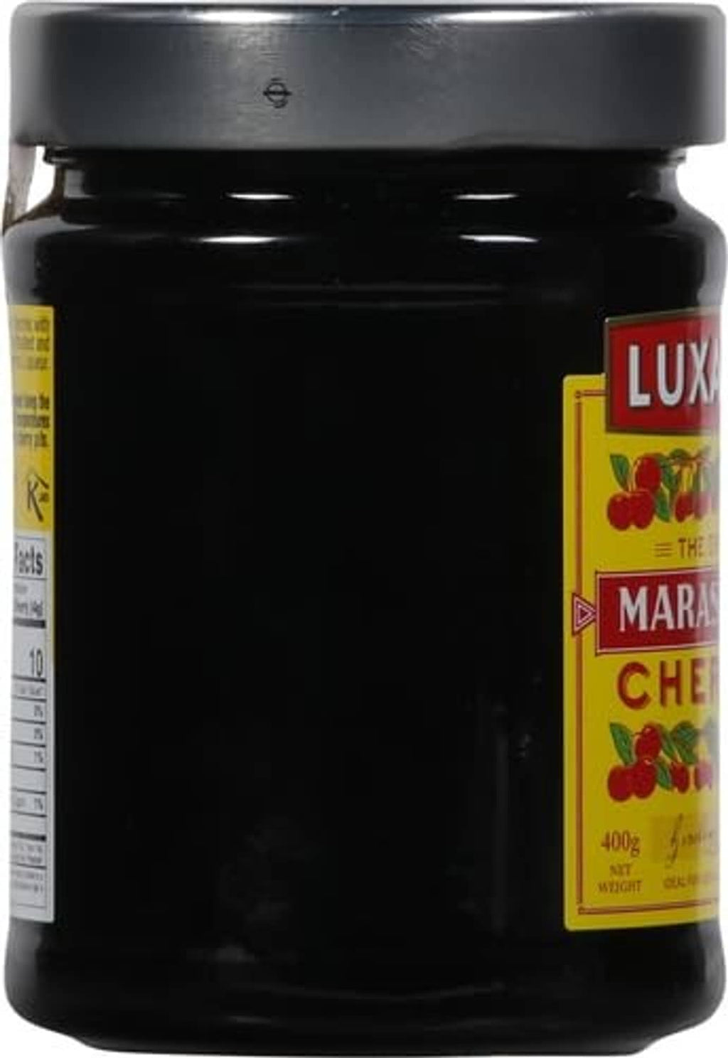 Black jar of Luxardo maraschino cherries, side view with label panel.