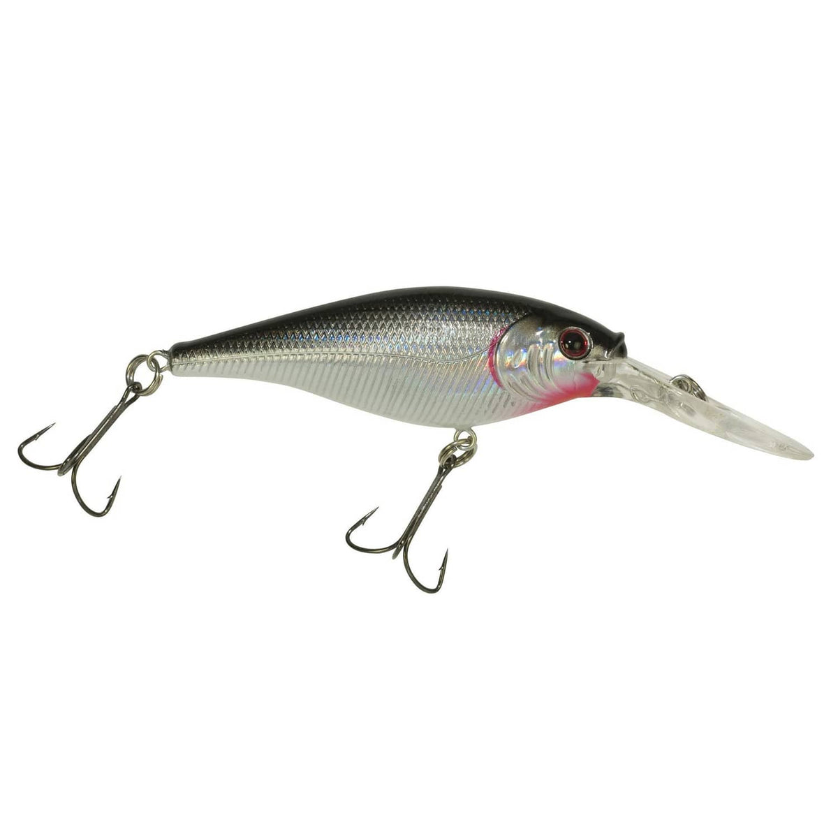 Shad-style crankbait fishing lure, silvery blue striped body with red eye, 3 treble hooks