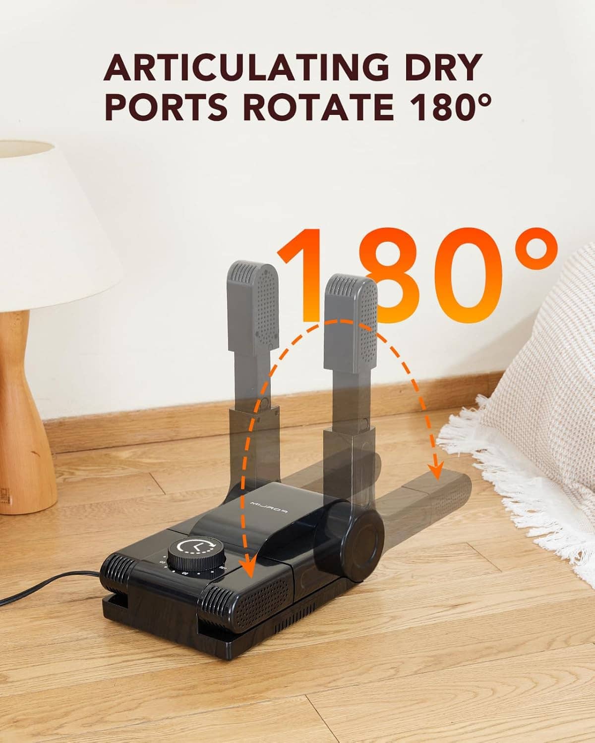 Boot dryer with articulating dry ports showing 180-degree rotation range