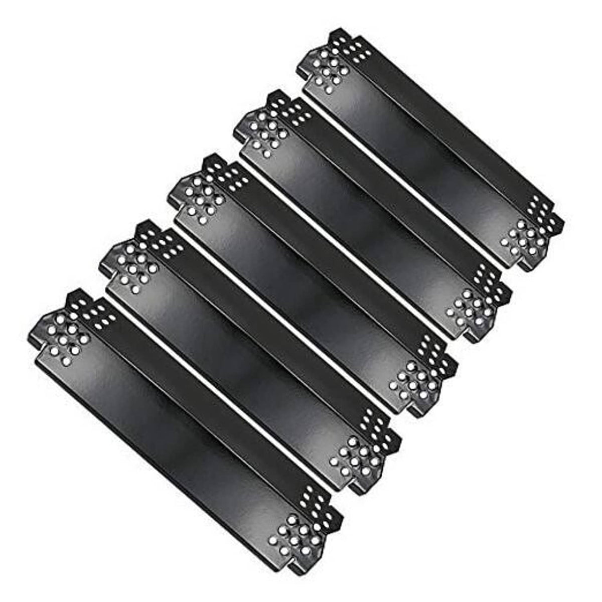 Five black grill heat plates shown together, vent holes on perforated end mounting plates