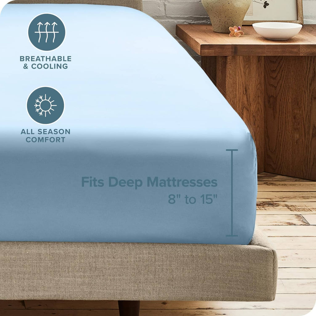 Light blue fitted sheet on deep mattress with snug, full coverage