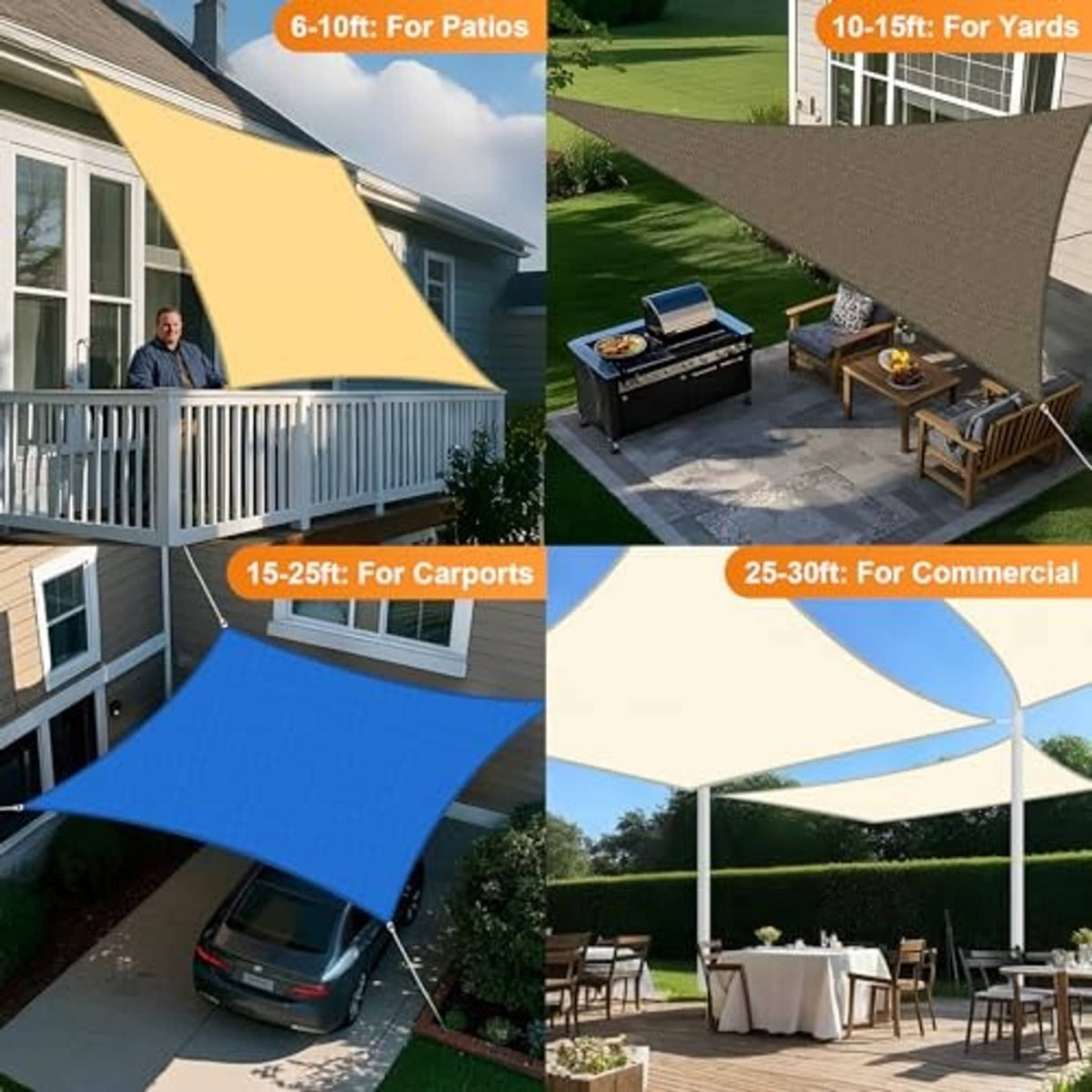 Outdoor shade sail shown in multiple yard uses, curved-edged rectangular canopy