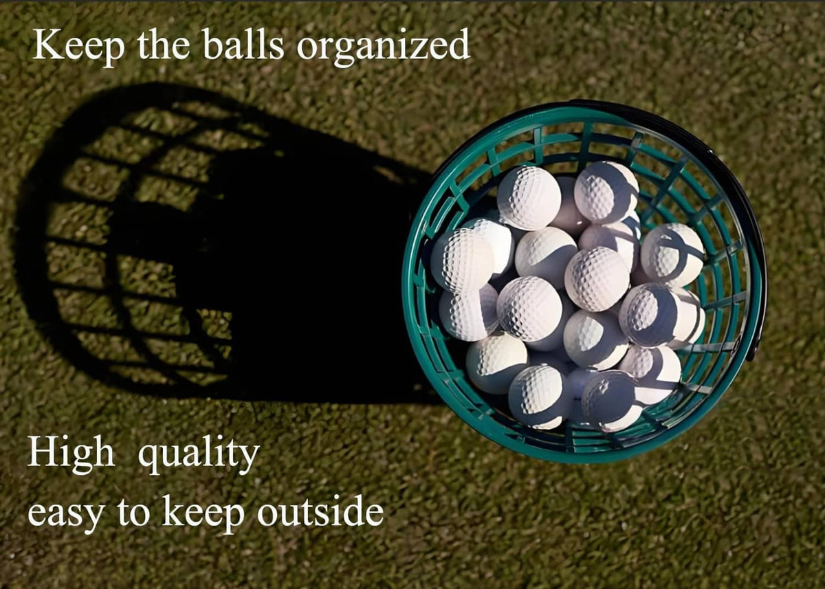 Green golf ball basket filled with golf balls, organized in the open mesh