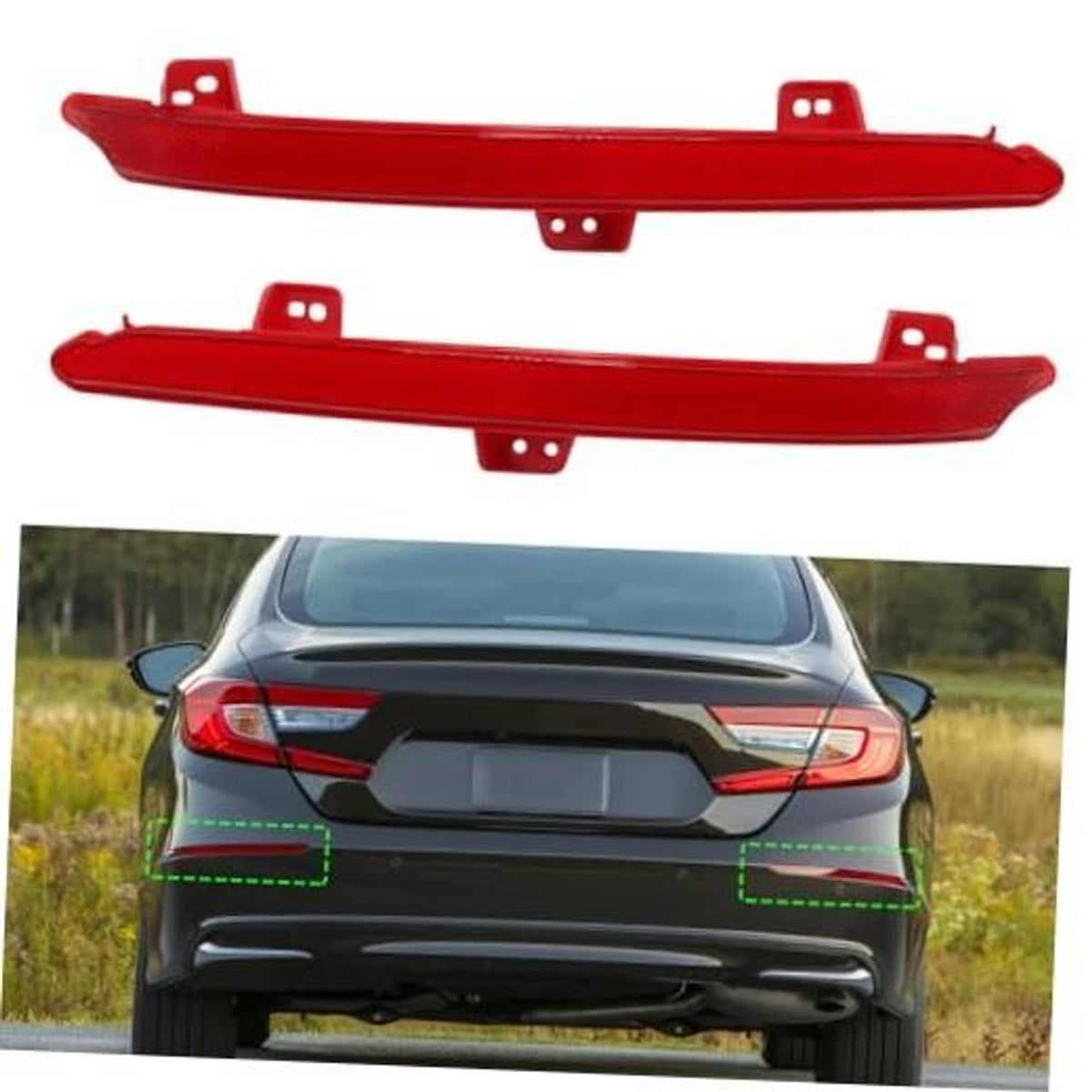 Two-piece red rear bumper reflectors with metal mounting brackets