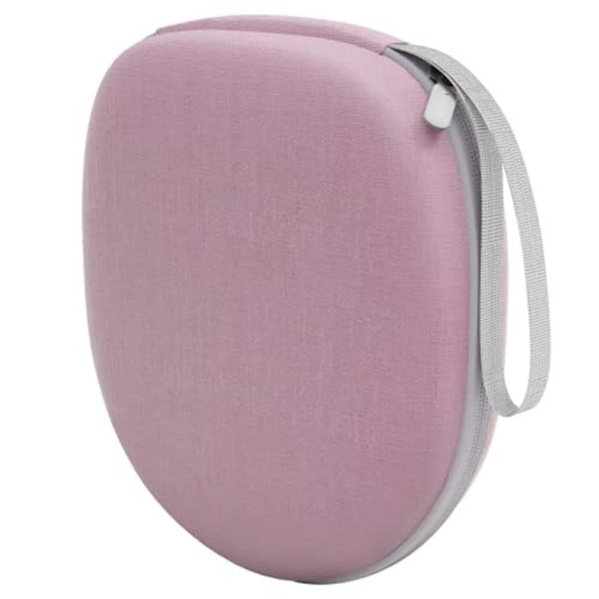 Rose-pink oval headphone case with zipper and gray-trim wrist strap.