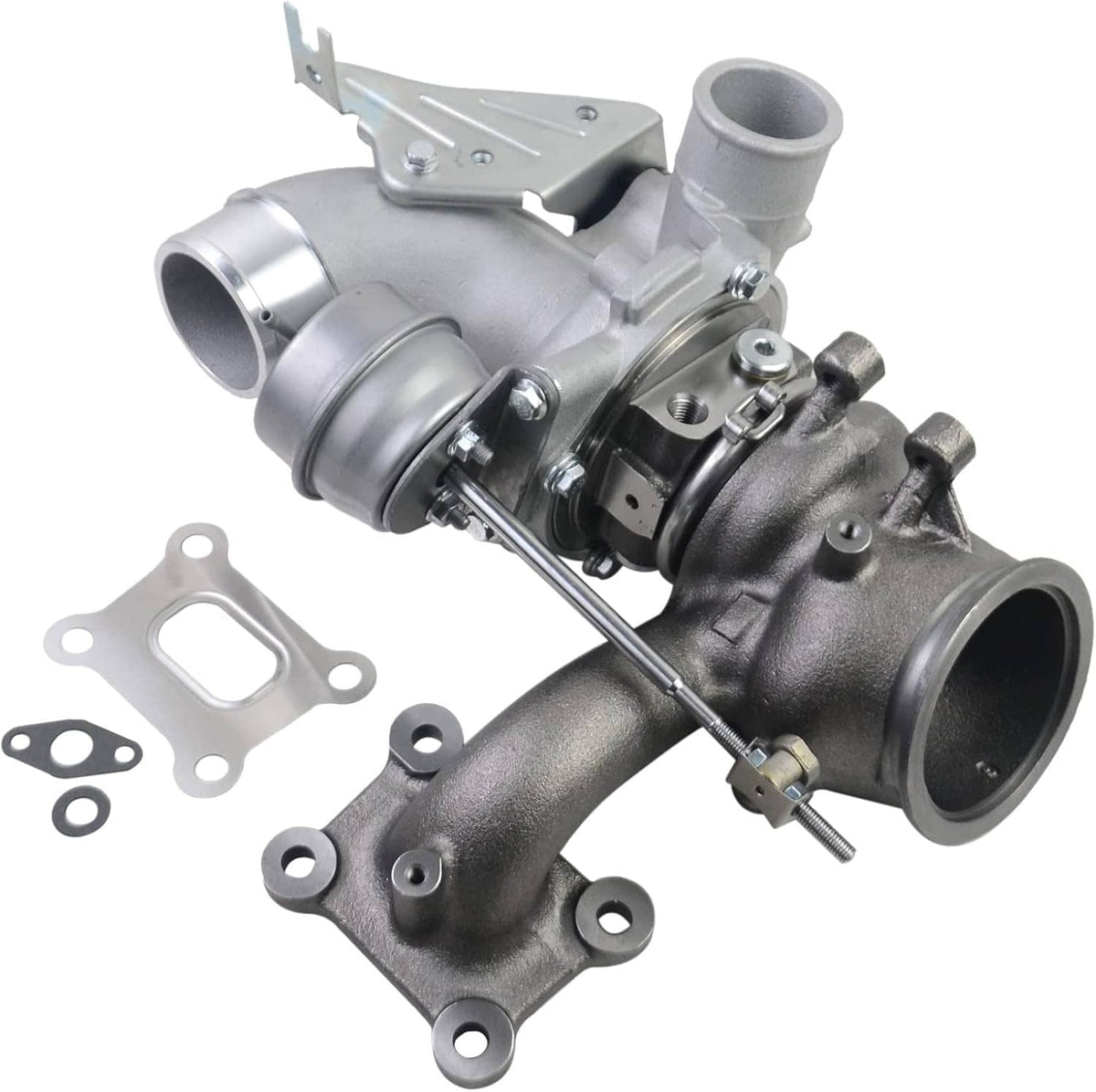 Turbocharger with aluminum housings, inlet/outlet pipes, and mounting brackets