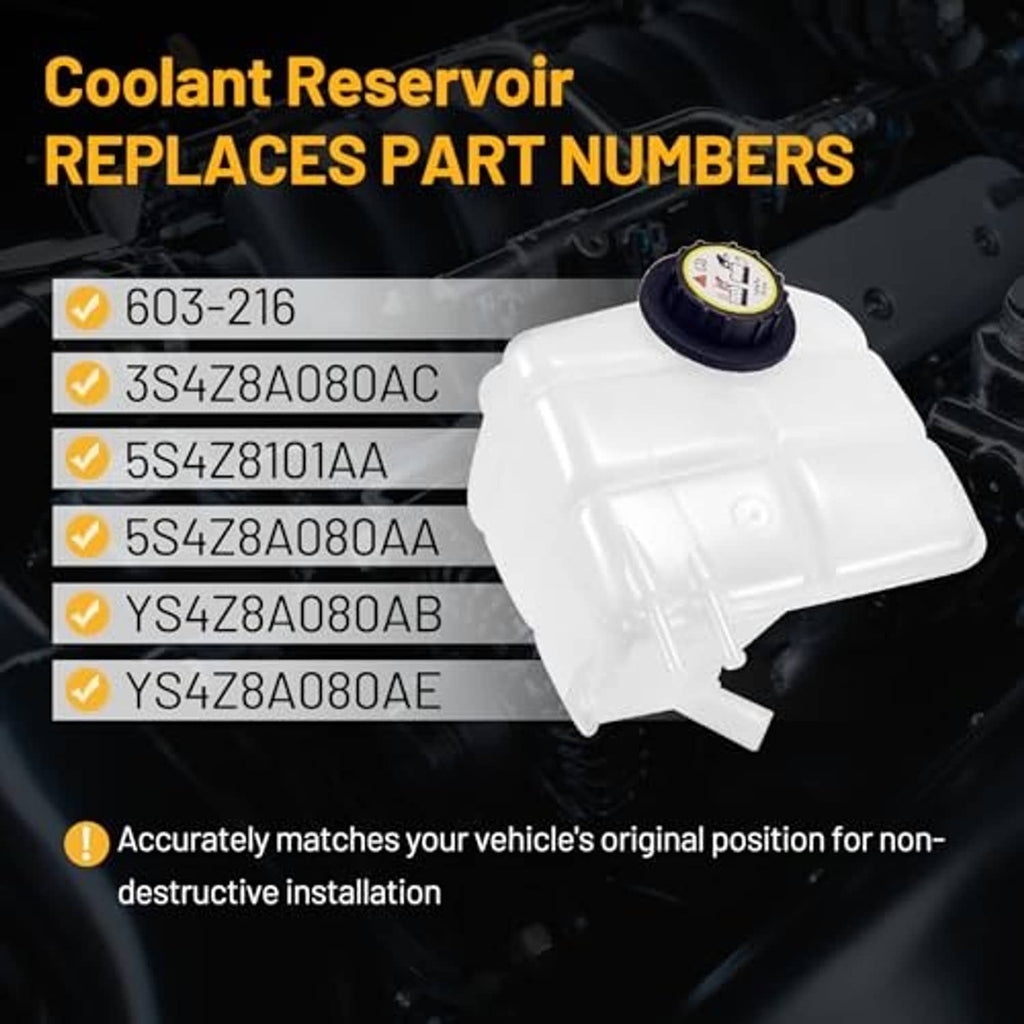 Coolant expansion reservoir overflow tank with black cap, white reservoir in engine