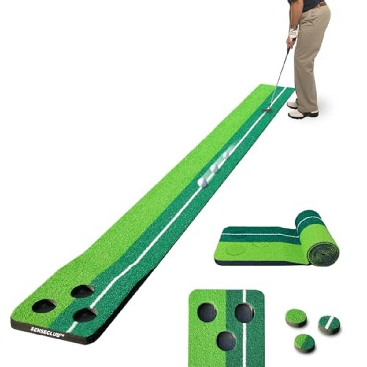 Foldable putting green mat with ball and hole targets, plus rolled section and caps