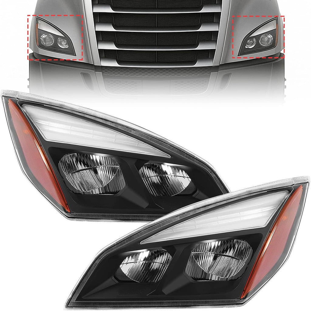LED headlight pair with clear lens, black housing, and amber side reflector accents.