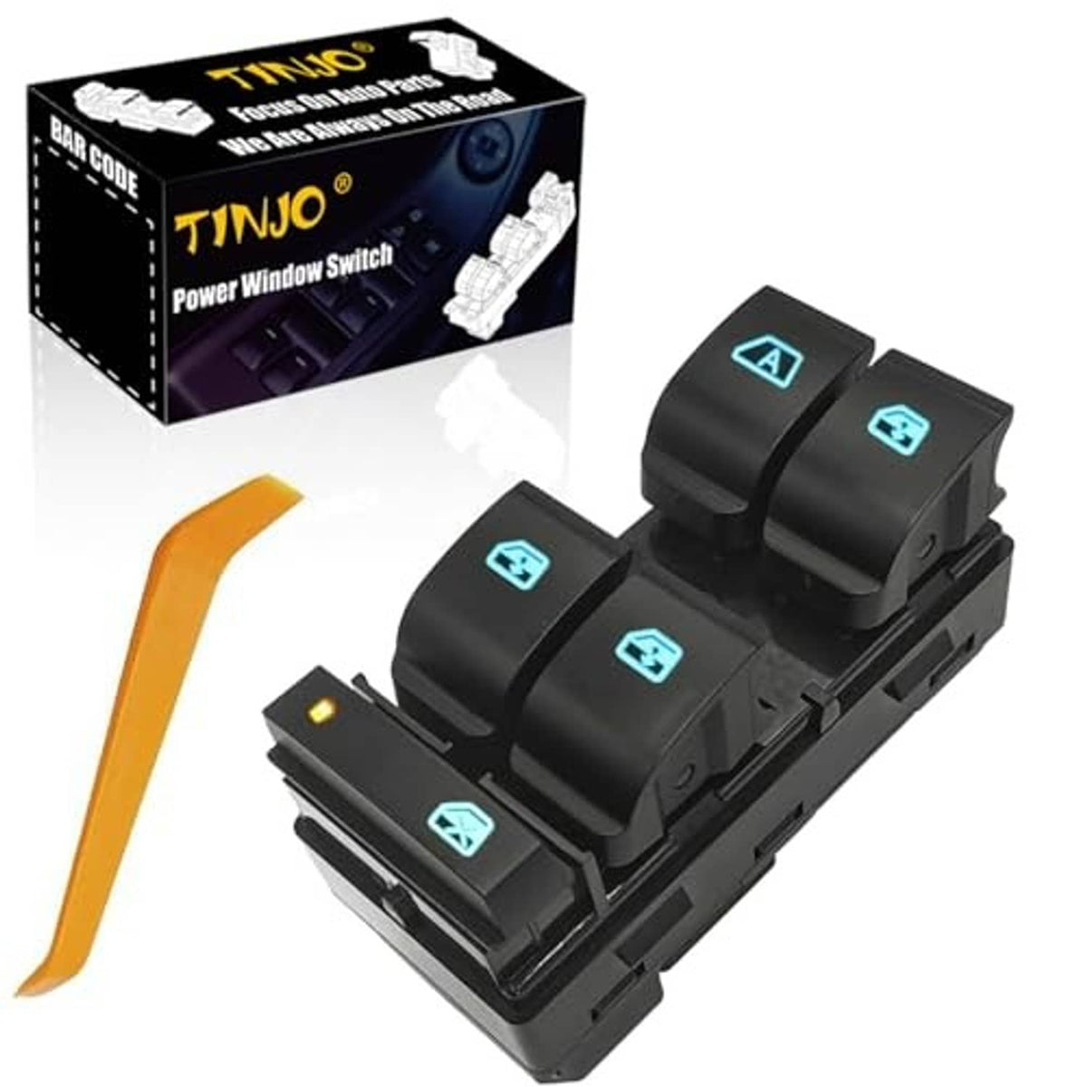 Black driver side power window switch panel with four window buttons