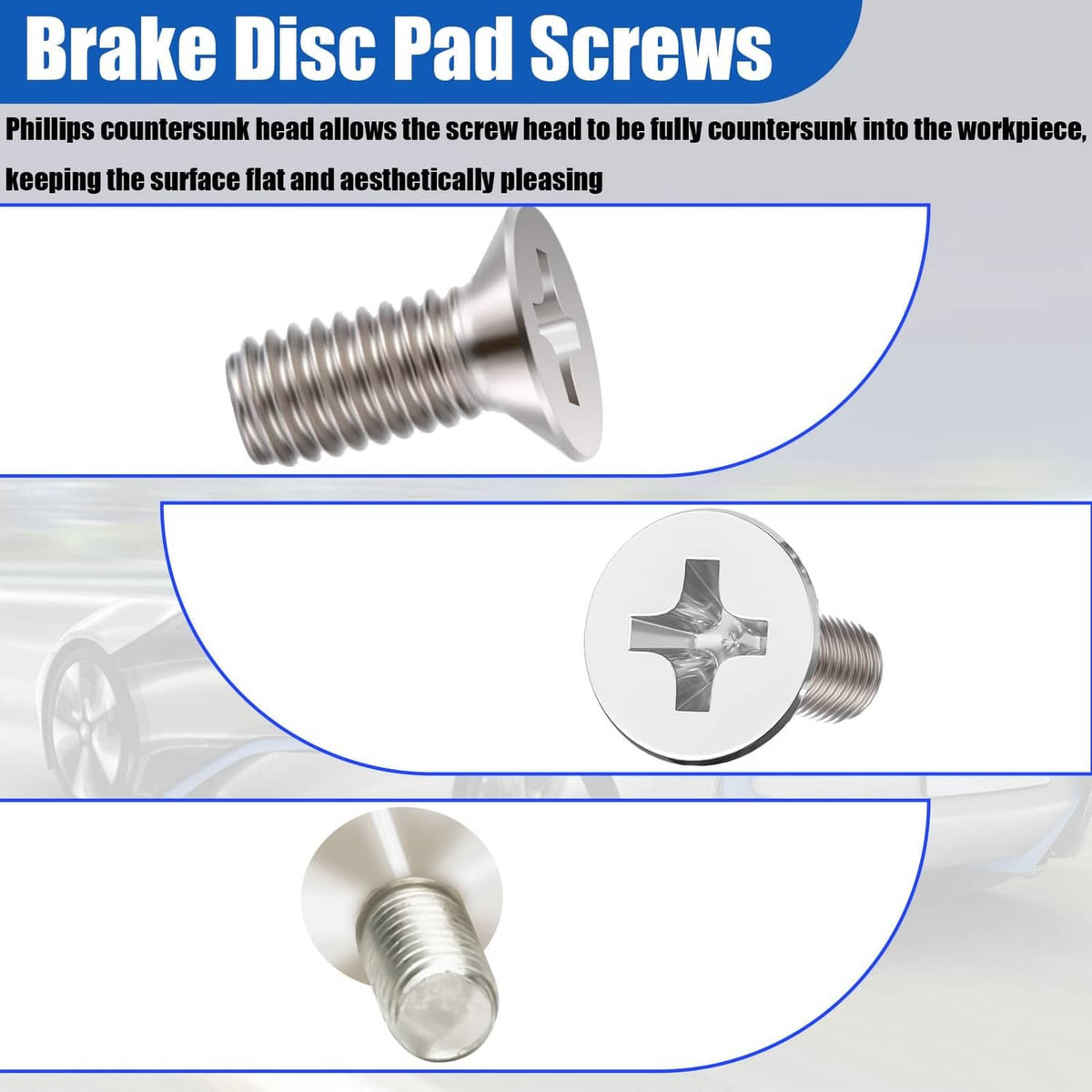Stainless steel brake pad screw with Phillips countersunk head and threaded shaft