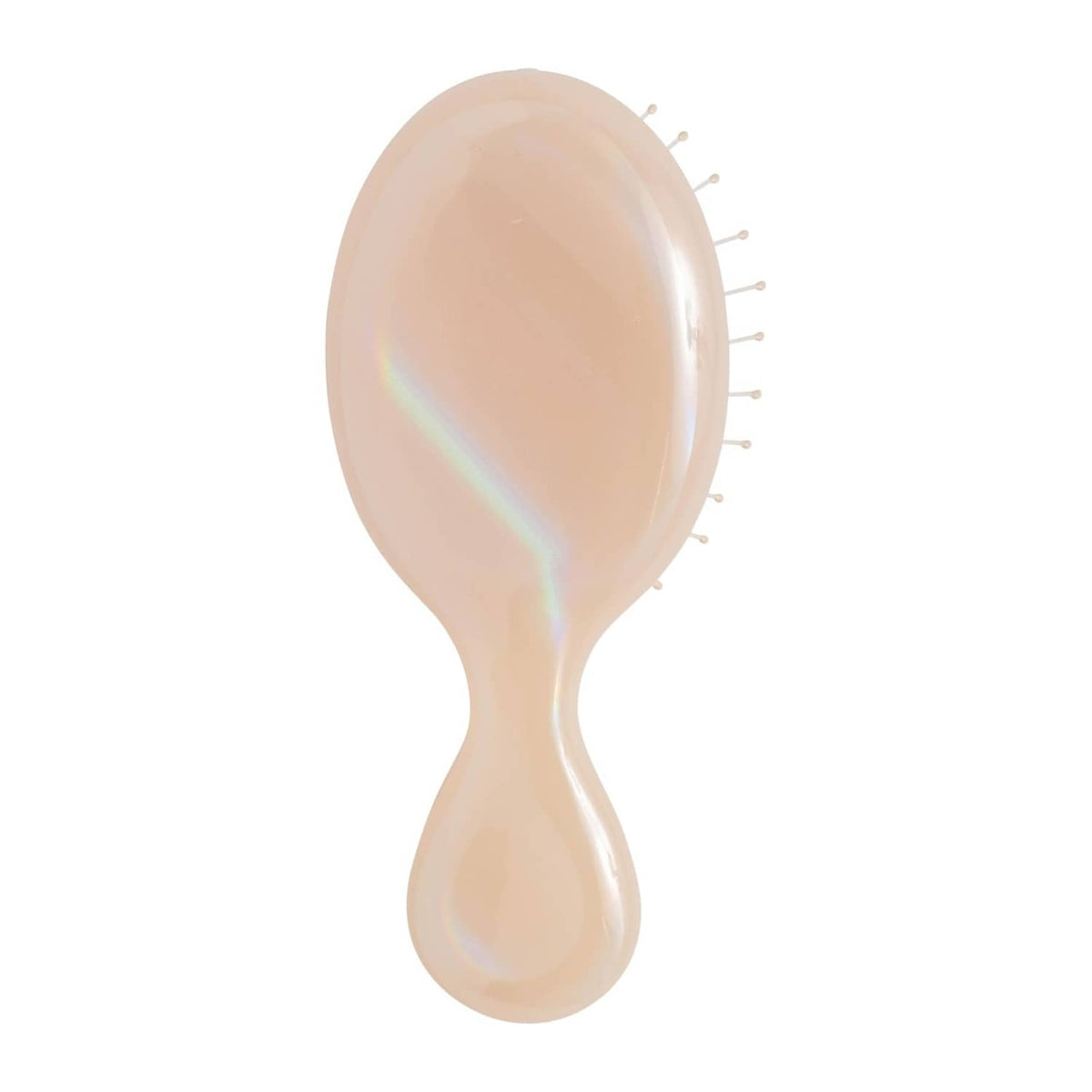 Iridescent cream mini detangling hair brush with plastic bristles on a rounded pad