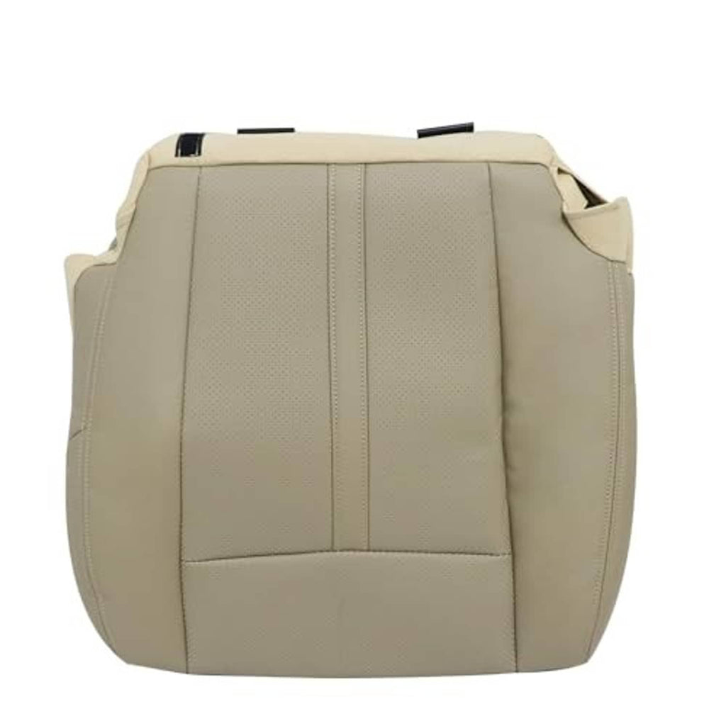 Tan leather front seat bottom replacement cover, driver side, front view with seams.