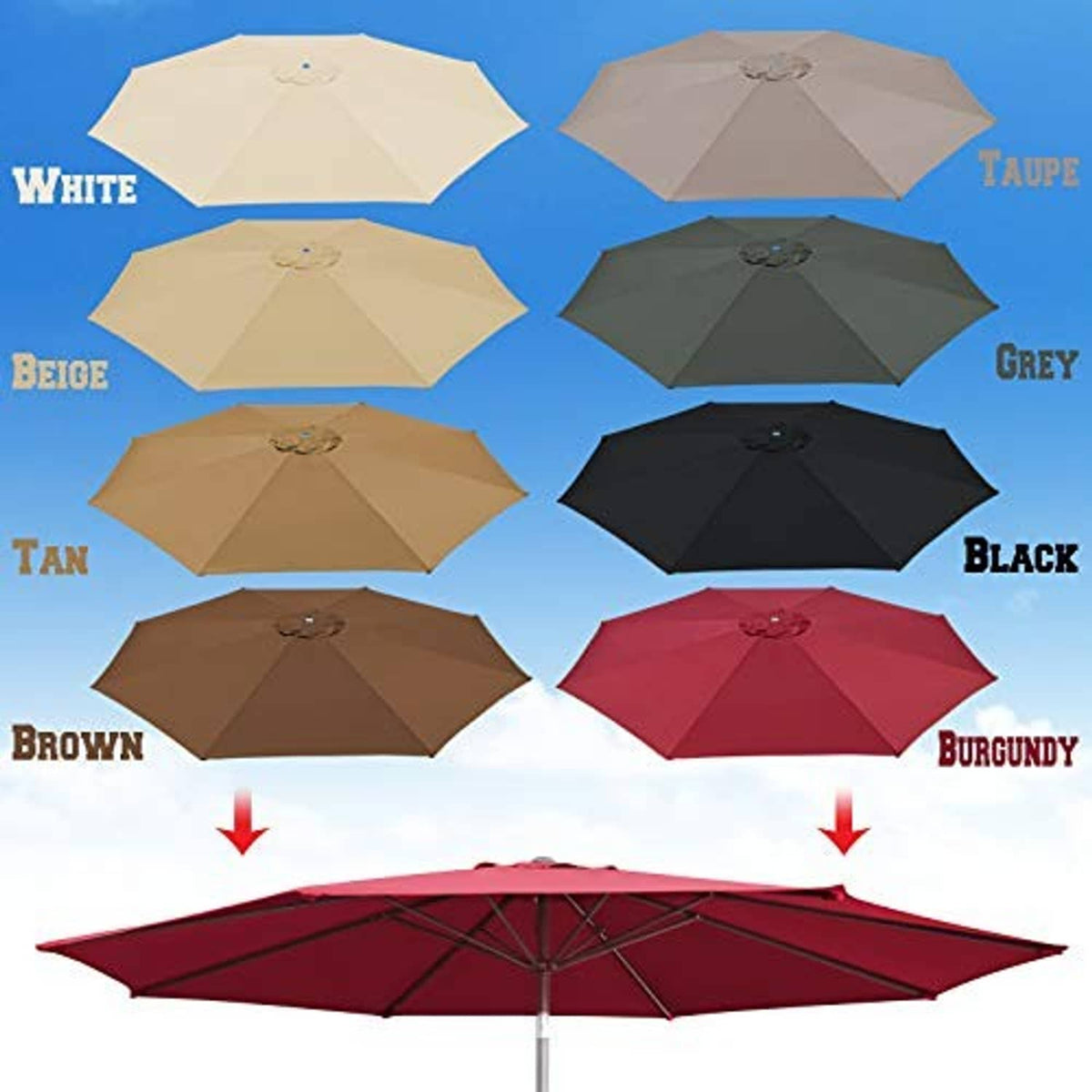 Burgundy umbrella canopy top cover shown among multiple color options